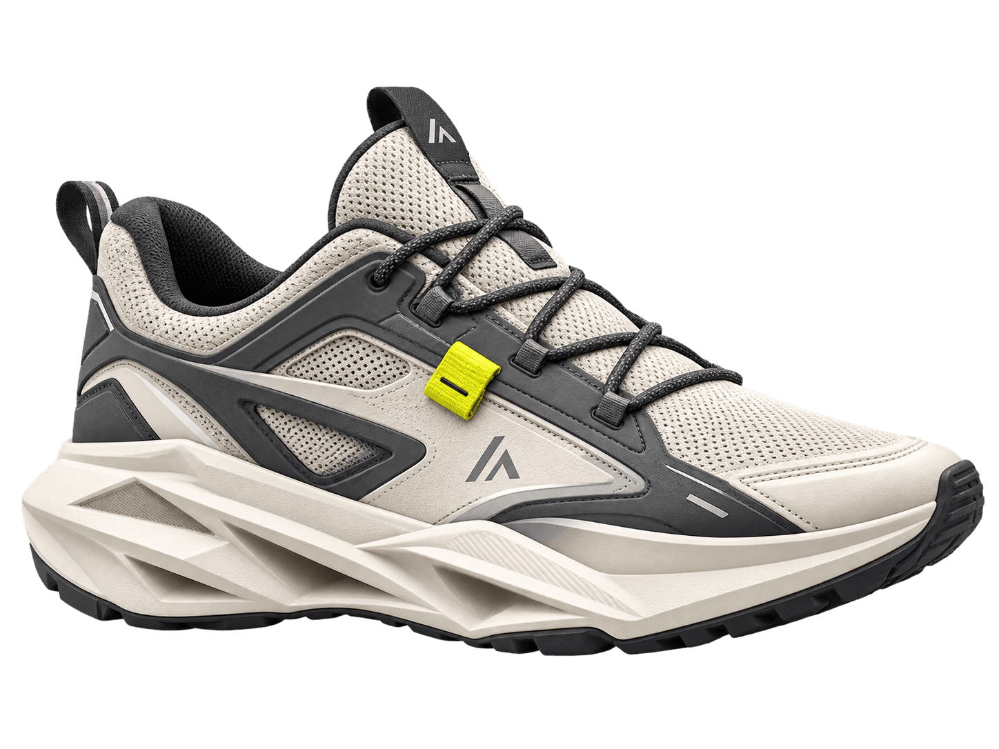 AERFORM ONE concept sneaker in chalk mesh and graphite panels, with a sculpted midsole and yellow tab